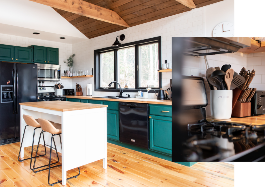 open concept kitchen with green cabinets and white island