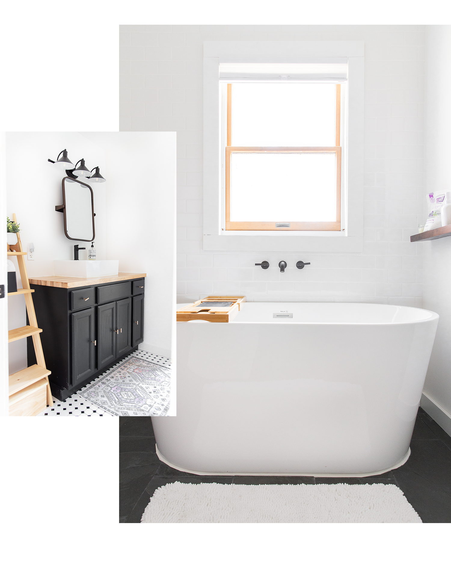 modern bathroom design with black accents and soaking tub