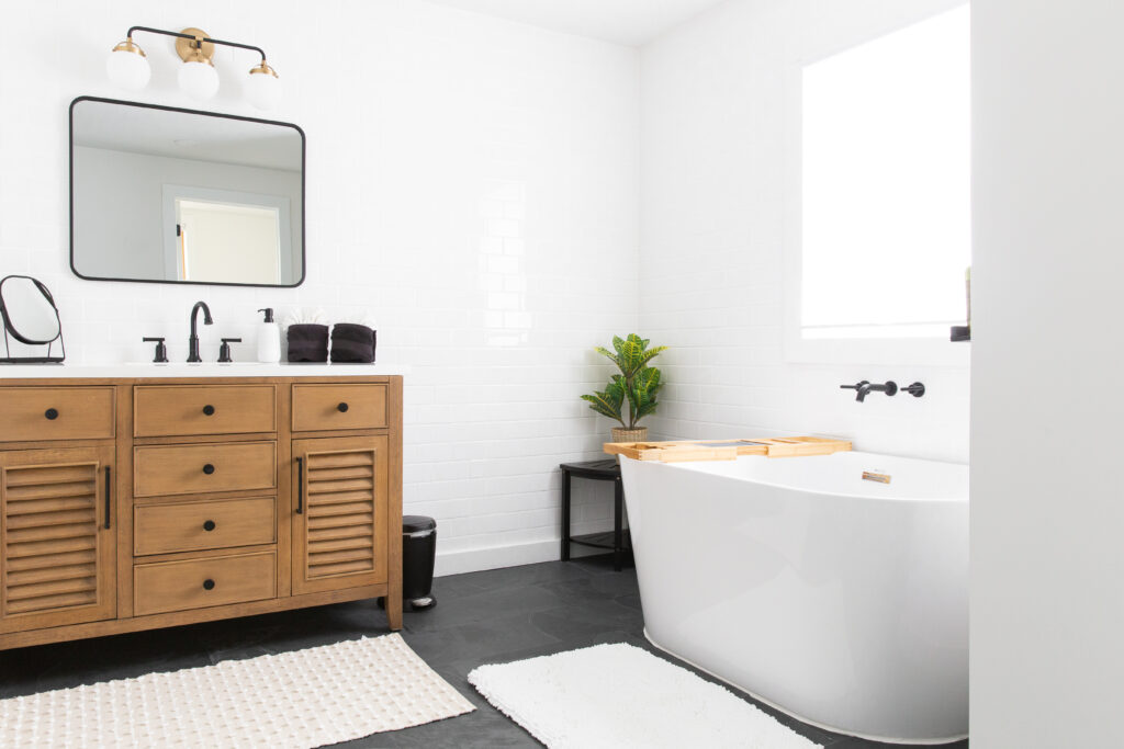 modern bathroom with slate floor and black accents