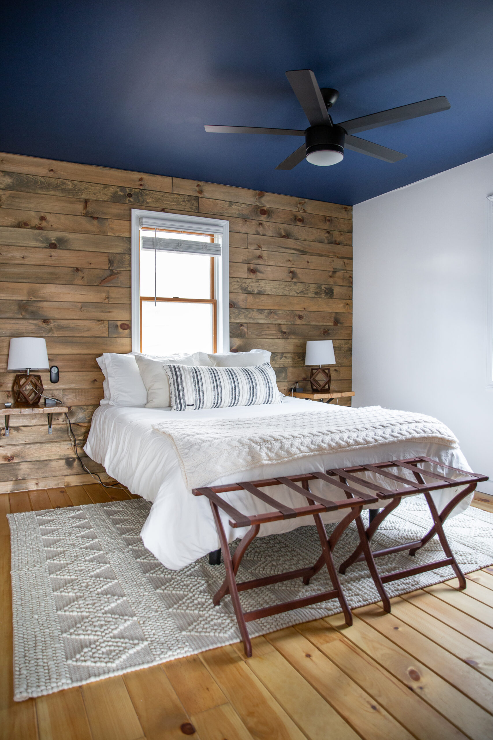 rustic style bedroom with dark blue ceiling and mountain theme